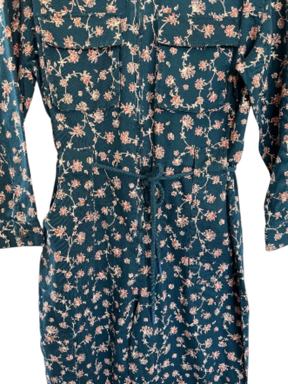 Boilersuit / Jumpsuit w/ Rope Drawstring, 7 Pockets ~ Teal w/ Small Pink Flowers - Picture 5 of 11